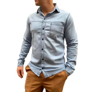 Camisa Social Masculina Slim Manga Longa Jeans com Elastano - Azul Medio