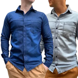 Camisa Social Masculina Slim Manga Longa Jeans com Elastano - Azul Medio