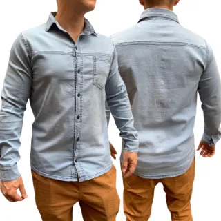 Camisa Social Masculina Slim Manga Longa Jeans com Elastano - Azul Medio