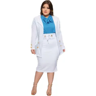 Moda Feminina Modesta Evangélica: Conjunto Blazer Saia Ilhós Crepe 2 Peças - Preto