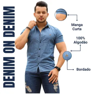 Bordada Manga Curta Masculina Camisa Jeans - Azul Escuro