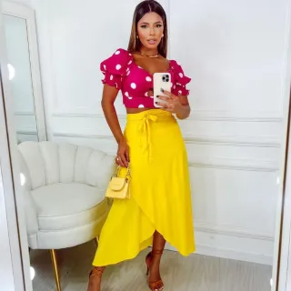 Vestido Barbie Rosa Pink Saída de Praia Envelope Midi - POÁ BRANCO COM BOLAS PRETAS