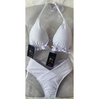 Biquíni Beach Gloss Metalizado - Cortininha e Calcinha Efeito Lipo - Rosa néon com amarelo néon