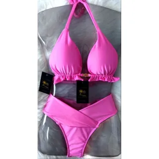 Biquíni Beach Gloss Metalizado - Cortininha e Calcinha Efeito Lipo - Rosa néon com amarelo néon