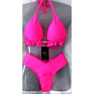Biquíni Beach Gloss Metalizado - Cortininha e Calcinha Efeito Lipo - Rosa néon com amarelo néon