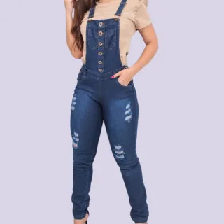 Destroyed Jardineira Calça Macaquinho Elastano Lycra Cintura Alta - 40