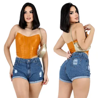 Short Feminino Cintura Alta Barra Dobrada Luxo - JEANS ESCURO