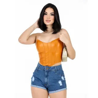 Short Feminino Cintura Alta Barra Dobrada Luxo - JEANS ESCURO