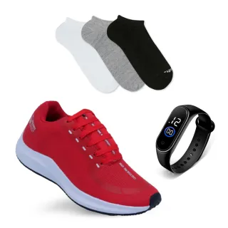 Tenis esportivo + relogio + meia: Kit completo para corrida, marca famosa com solado macio - Branco+relogio+meia