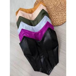 Corset Cropped Feminino Couro Fake Preto Morcego Tomara Que Caia - Verde Militar