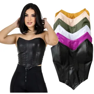 Corset Cropped Feminino Couro Fake Preto Morcego Tomara Que Caia - Verde Militar