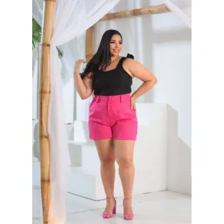 Short Pink Plus Size Social Feminino com botões encapados - Verde Bandeira