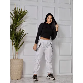 Bolsos Laterais Suspensório Calça Jogger Tactel Cargo Feminina - Branco