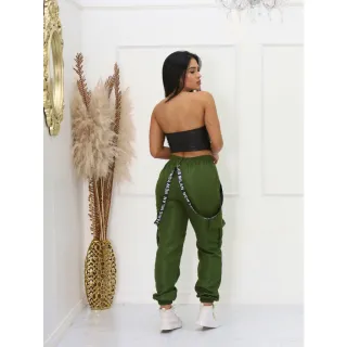 Bolsos Laterais Suspensório Calça Jogger Tactel Cargo Feminina - Branco