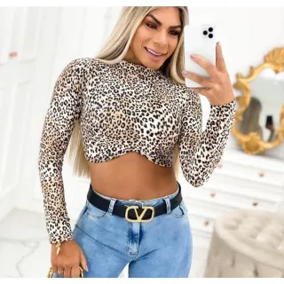 Cropped Luxo Feminino Com Bojo, Manga Longa e Gola Alta - Roxo