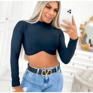 Cropped Luxo Feminino Com Bojo, Manga Longa e Gola Alta - Roxo