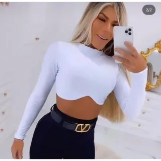 Cropped Luxo Feminino Com Bojo, Manga Longa e Gola Alta - Roxo