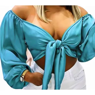 Blusa Feminina Top Cropped Cetim Bufante Amarrar Nó Frontal - Rosa Pink