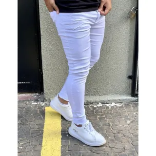 Super Promoção: Calça Jeans Masculina Lisa Branca Super Skinny Barra Desfiada - Calça Jeans Skinny Branca Lisa