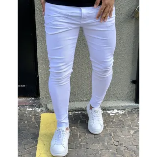 Super Promoção: Calça Jeans Masculina Lisa Branca Super Skinny Barra Desfiada - Calça Jeans Skinny Branca Lisa