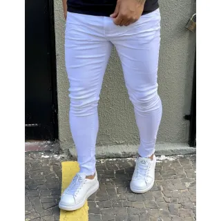 Super Promoção: Calça Jeans Masculina Lisa Branca Super Skinny Barra Desfiada - Calça Jeans Skinny Branca Lisa