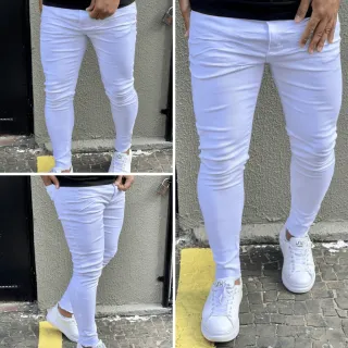 Super Promoção: Calça Jeans Masculina Lisa Branca Super Skinny Barra Desfiada - Calça Jeans Skinny Branca Lisa