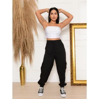 Modelo Tik Tok Calça Feminina Tactel Cargo Jogger com Bolsos Laterais - Azul