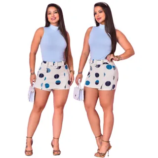 Saia Feminina Floral com Fivela e Cinto Fake - Crepe de Malha - S.A Poa Azul