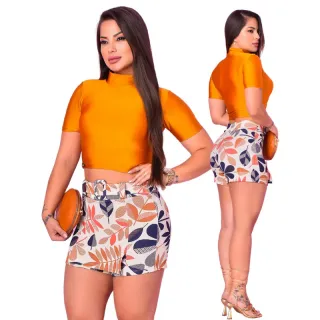 Saia Feminina Floral com Fivela e Cinto Fake - Crepe de Malha - S.A Poa Azul