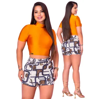 Saia Feminina Floral com Fivela e Cinto Fake - Crepe de Malha - S.A Poa Azul