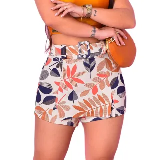 Saia Feminina Floral com Fivela e Cinto Fake - Crepe de Malha