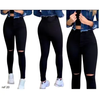 Calça Jeans Feminina Cintura Alta Levanta Bumbum Skinny Com Lycra - PRETO NAVALHADA JOELHO