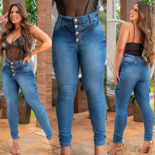 Calça Jeans Feminina Cintura Alta Levanta Bumbum Skinny Com Lycra - PRETO NAVALHADA JOELHO