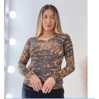 Animal print blusa feminina longa gola v - Cor 1