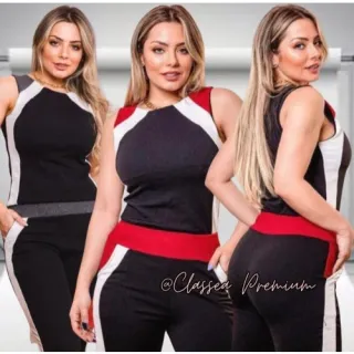 DIVERSAS CORES Conjunto Calça e Blusa Malha Crepe (36 ao 48) Feminino - Preto C/Verde