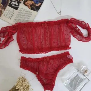Sutiã Ciganinha Transparente Tule Póa Sexy Lingerie Conjunto Adulto - Vermelho