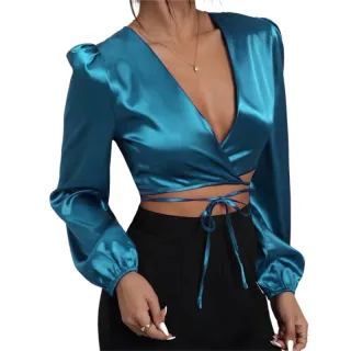 Tendência Top Cropped Manga Longa Cetim Trançado - Amarração Frontal Laço - Rosa Pink