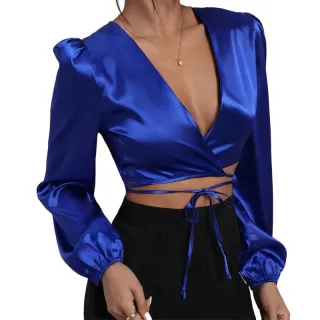 Tendência Top Cropped Manga Longa Cetim Trançado - Amarração Frontal Laço - Rosa Pink