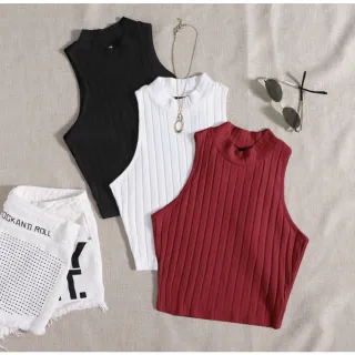 Verão Praia Cropped Gola Alta Canelado Sem Manga - Kit 3 - Preto-preto-preto