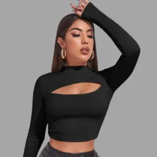 Canelado Cropped Gola Alta Manga Longa Vazado - Busto Sexy - CARAMELO (36/42)