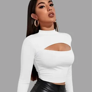 Canelado Cropped Gola Alta Manga Longa Vazado - Busto Sexy - CARAMELO (36/42)