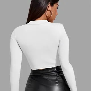 Canelado Cropped Gola Alta Manga Longa Vazado - Busto Sexy - CARAMELO (36/42)