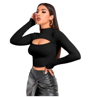 Canelado Cropped Gola Alta Manga Longa Vazado - Busto Sexy - CARAMELO (36/42)