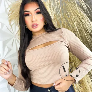 Canelado Cropped Gola Alta Manga Longa Vazado - Busto Sexy - CARAMELO (36/42)