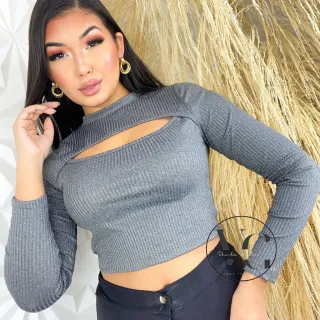 Canelado Cropped Gola Alta Manga Longa Vazado - Busto Sexy - CARAMELO (36/42)