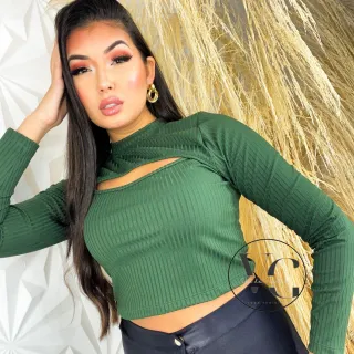 Canelado Cropped Gola Alta Manga Longa Vazado - Busto Sexy - CARAMELO (36/42)