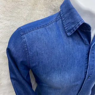Manga Curta Slim Fit Camisa Jeans Masculina - Azul Escuro lavada