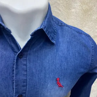 Manga Curta Slim Fit Camisa Jeans Masculina - Azul Escuro lavada