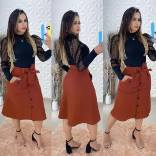 Saia evase com cinto e botões falsos em bengaline - Preto Jeans