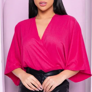 Cropped Feminino Blusa Transpassada Decote V Manga Morcego - Fúcsia